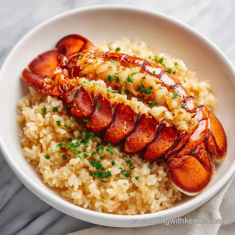 A vibrant, saucy portion of lobster rice served on a white plate with a generous chunk of lobster; an elegant appetizing m...
