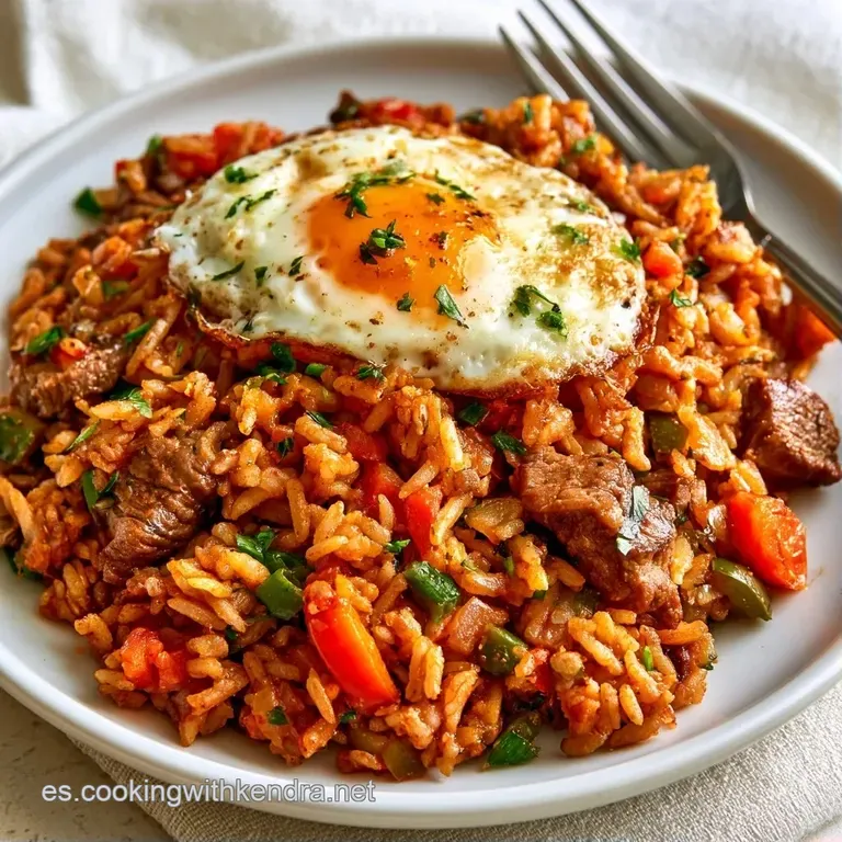Montículo de arroz con carne bien compactado, decorado con perejil fresco picado y pimienta negra sobre porcelana blanca.