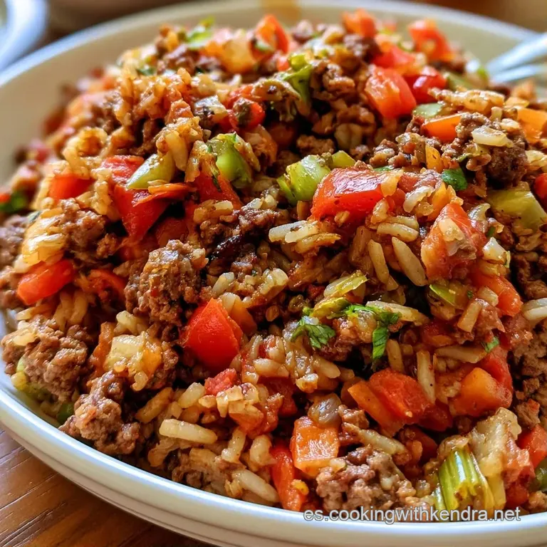 Plato blanco con una montaña de arroz marrón brillante, decorado con hojas verdes y gotas de aceite oliva reluciente.