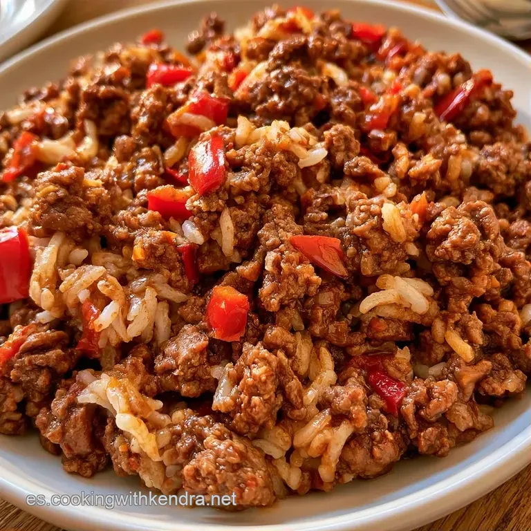 Montículo circular de arroz suelto y carne jugosa, decorado con perejil fresco picado sobre un plato cerámico blanco.
