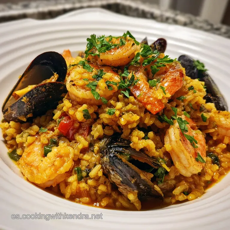 Elegant plate of Arroz con Mariscos. Steaming saffron rice, succulent shrimp, mussels & lemon wedge, garnished with fresh ...