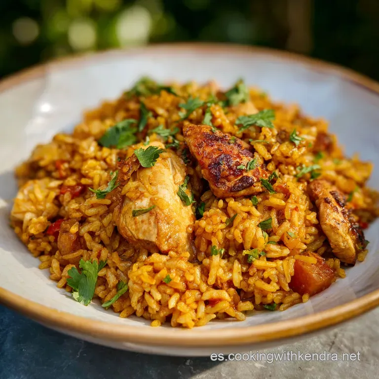 A vibrant plate of yellow rice and chicken, garnished with bright cilantro and a juicy lime wedge, inviting and ready to eat.