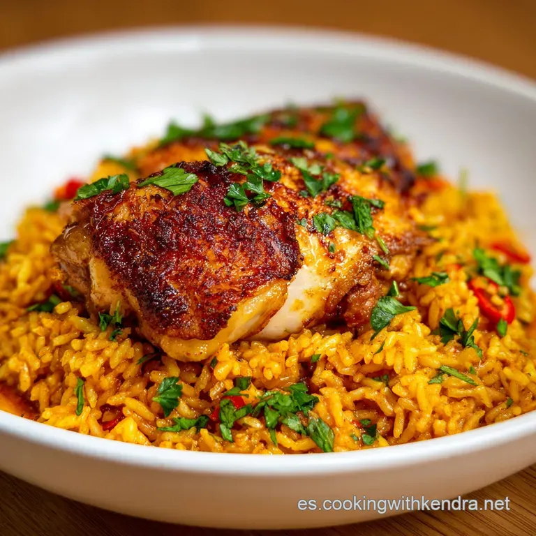 Arroz con Pollo elegantly plated. Saffron-infused rice contrasts with the rich brown of the chicken and bright green herbs.