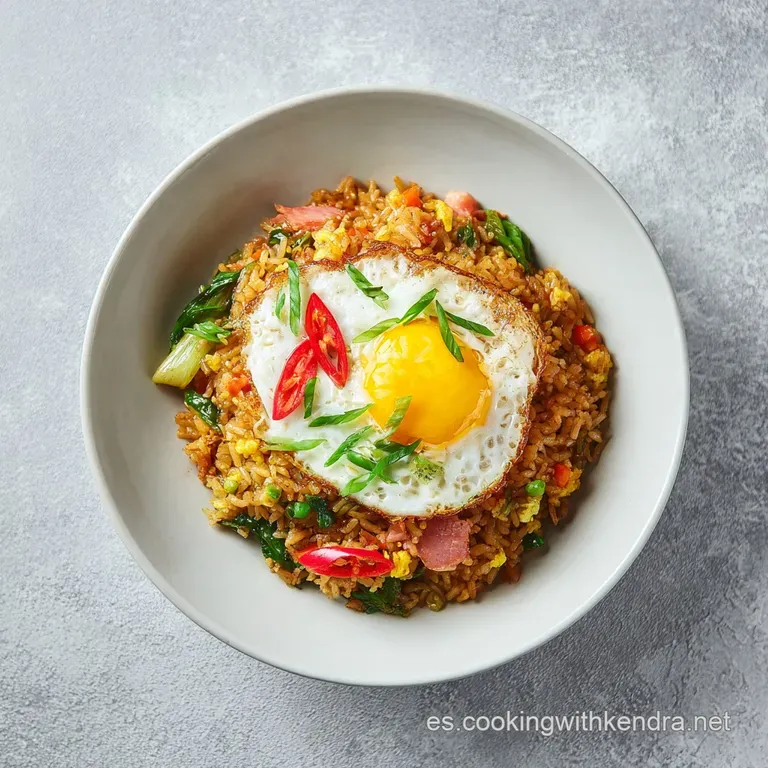 A neat mound of colorful fried rice in a rustic ceramic bowl, topped with a sprinkle of fresh green onions.