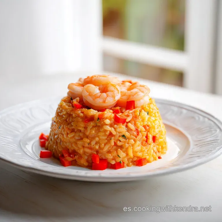 Plato blanco con arroz meloso dorado, coronado por gambones jugosos y anillas de calamar en un montaje minimalista.