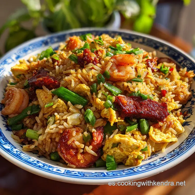 Arroz Tres Delicias plated artfully. Steaming rice glistens with savory sauce alongside tender shrimp and crisp veggies.