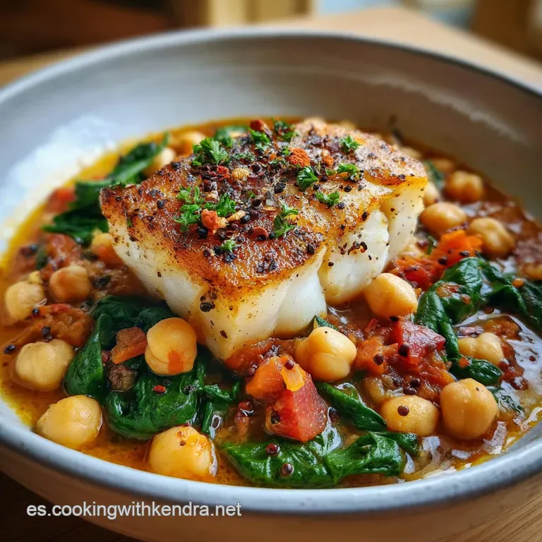 Elegant plating of bacalao y espinacas. Flaky cod and vibrant green spinach mingle in a creamy white sauce, garnished with...
