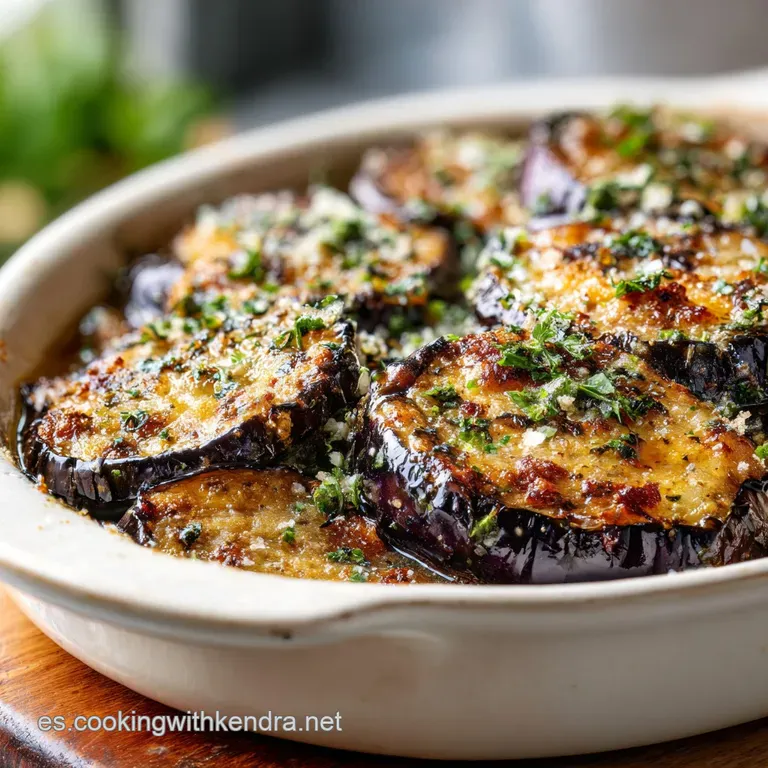 Stuffed eggplant glistening with olive oil, sprinkled with parsley. Served in a white dish on a rustic wooden table.