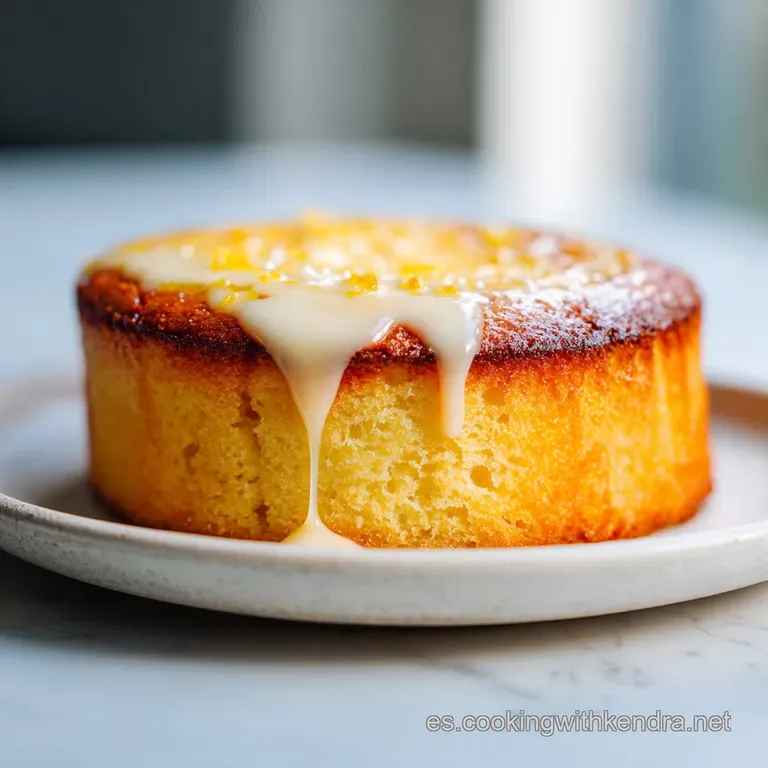 Slice of airy yogurt cake on a white plate, drizzled with honey. Cake has a golden crust and delicate, moist interior.