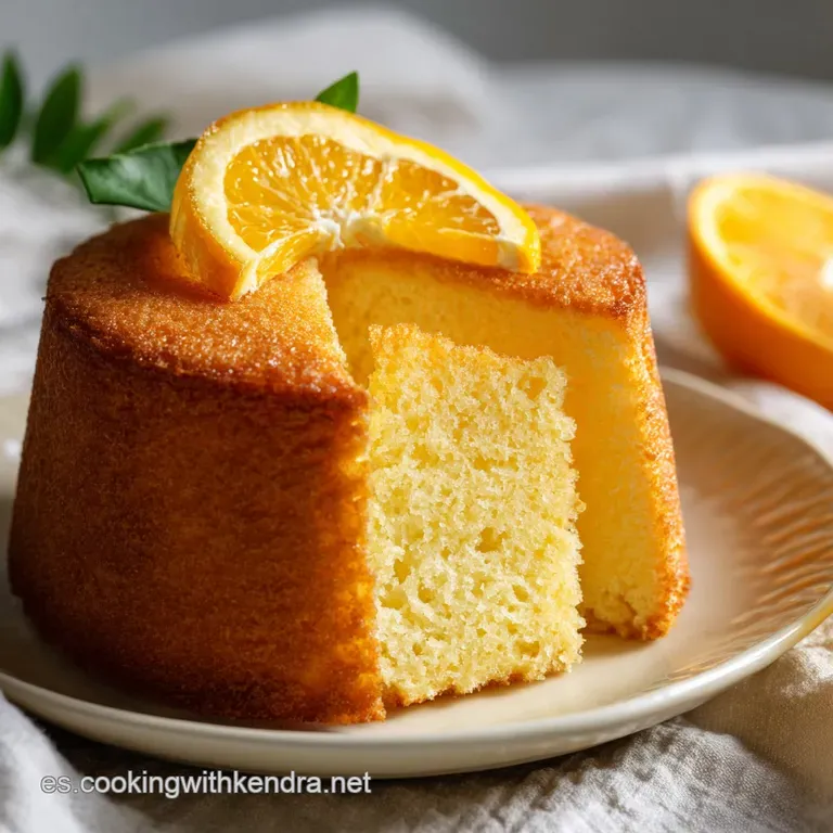 Slice of vibrant orange cake on a white plate, garnished with orange zest; sunlight enhances the cake's soft, inviting crumb.