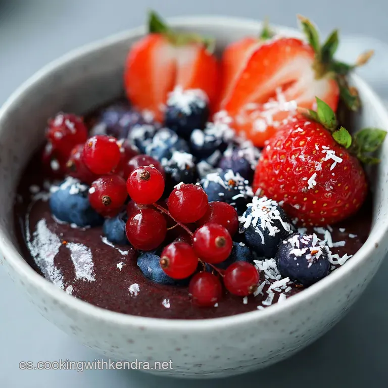 A layered acai bowl: creamy purple base, vibrant red berries, crunchy granola, and sliced bananas in clear glass, spoon in...