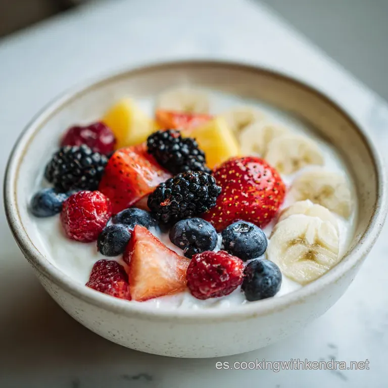 Artfully arranged yogurt bowl featuring layers of creamy yogurt, vibrant berries, crunchy granola, and a glistening honey ...