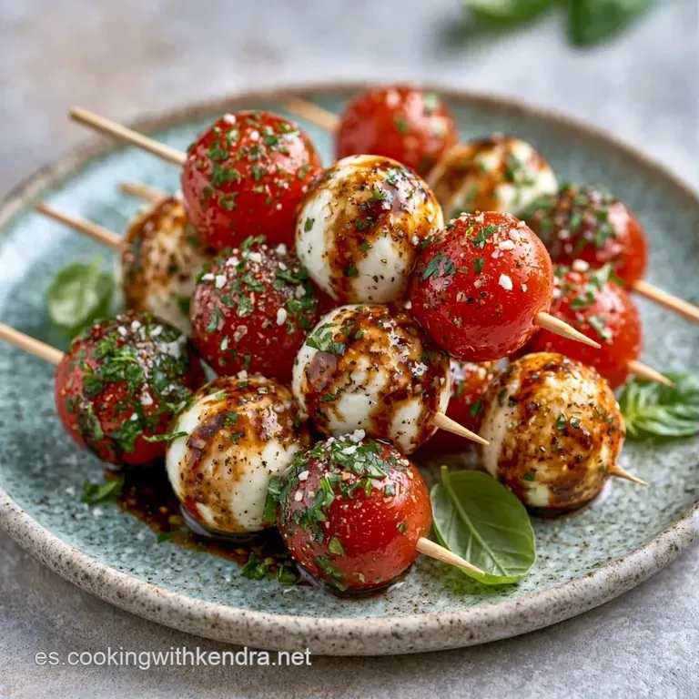 Brochetas alineadas con queso mozzarella suave y tomates cherry rojos, bañadas en un glaseado balsámico oscuro y brillante