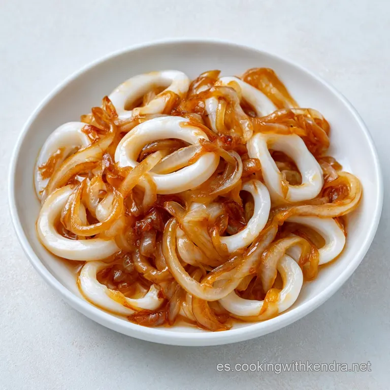 Mont&iacute;culo ordenado de calamares tiernos con cebolla fundida, decorado con perejil fresco picado y un toque de aceite.
