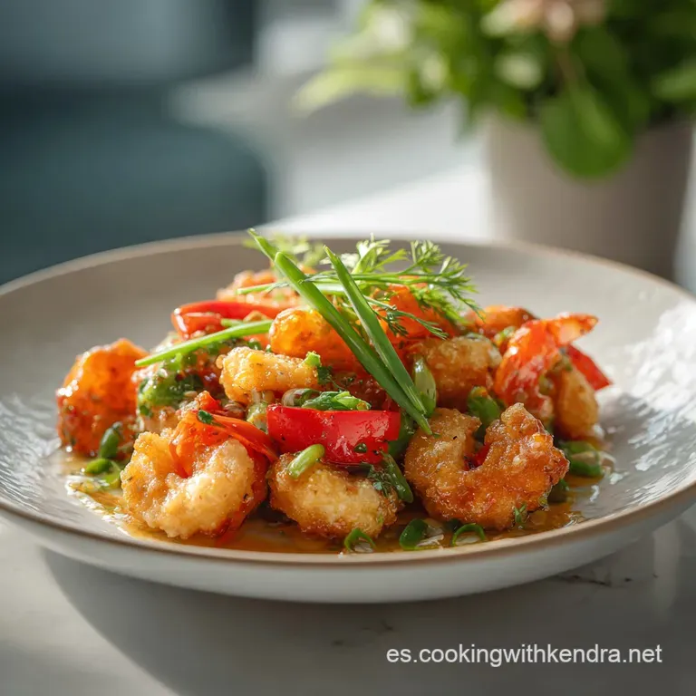 An elegant serving of succulent shrimp in a rich, glossy red pepper sauce, garnished with fresh parsley.