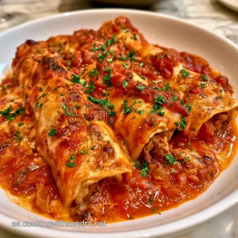 Tres rollos de pasta cubiertos de salsa blanca brillante, gratinados en los bordes y dispuestos sobre una base de salsa.