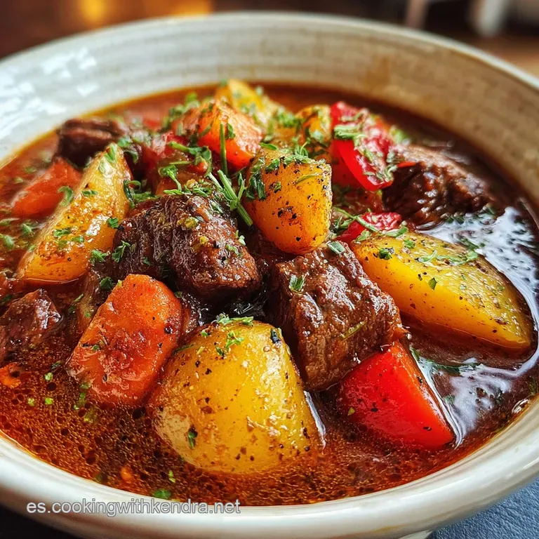 A flavorful serving of glistening beef and potato stew, plated with a sprinkle of fresh cilantro. Steaming and ready to en...
