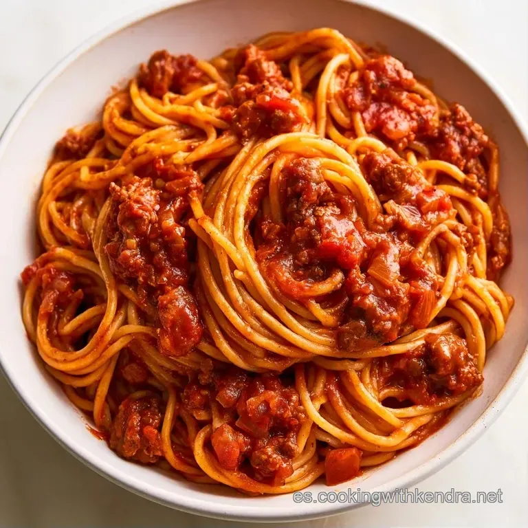 Pasta enrollada en espiral coronada con salsa de carne espesa y rojiza, decorada con hierbas verdes en plato minimalista.