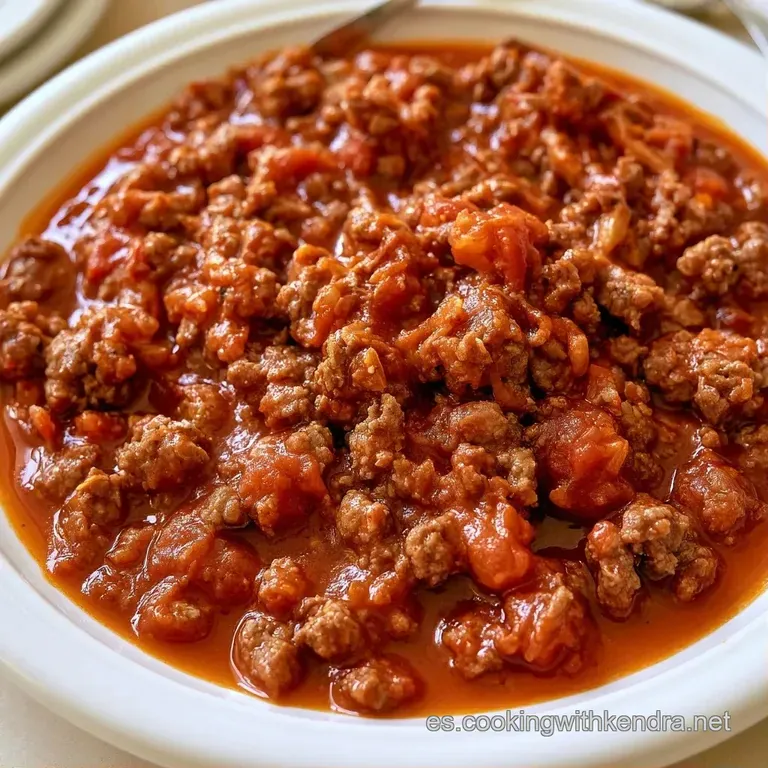 Carne picada jugosa bañada en salsa roja espesa, servida en plato cerámico con un toque de hierbas verdes y vapor suave.