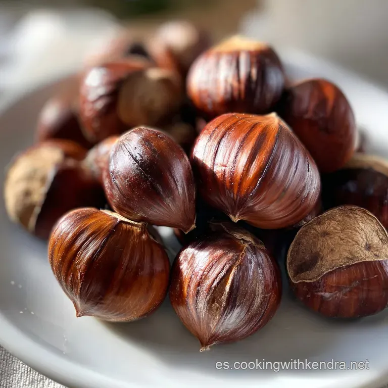Pile of glistening, roasted chestnuts in a rustic bowl, their warm, earthy hues hinting at their sweet, nutty flavor.