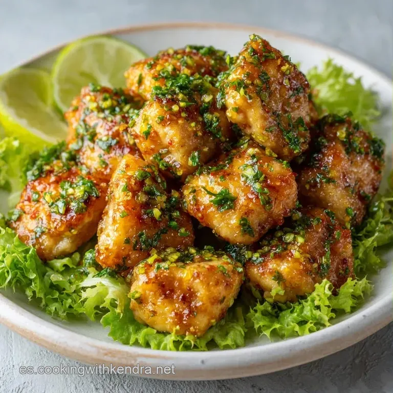 Filetes de pollo jugosos ba&ntilde;ados en salsa brillante amarillenta, decorados con perejil fresco sobre fondo cer&aacute;mico.