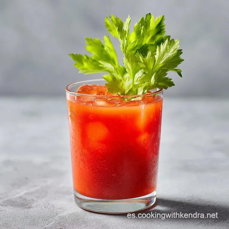 Vaso alto y fr&iacute;o con gotas de condensaci&oacute;n, adornado con apio verde, aceituna y pimienta negra sobre fondo elegante.