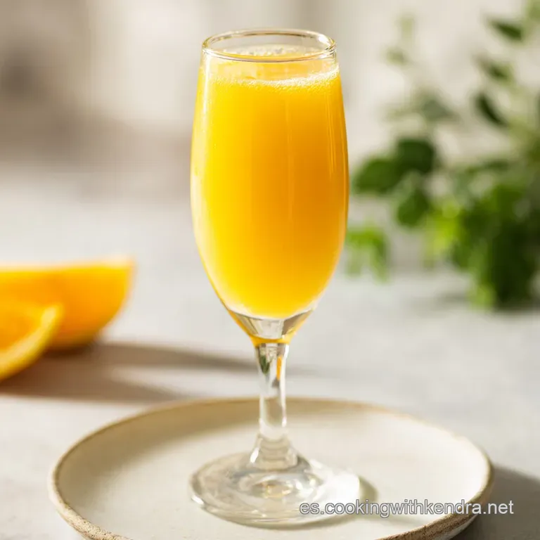 Elegant mimosa in a tall champagne flute. Fine bubbles, vibrant orange hue. A festive drink with a single fresh raspberry ...