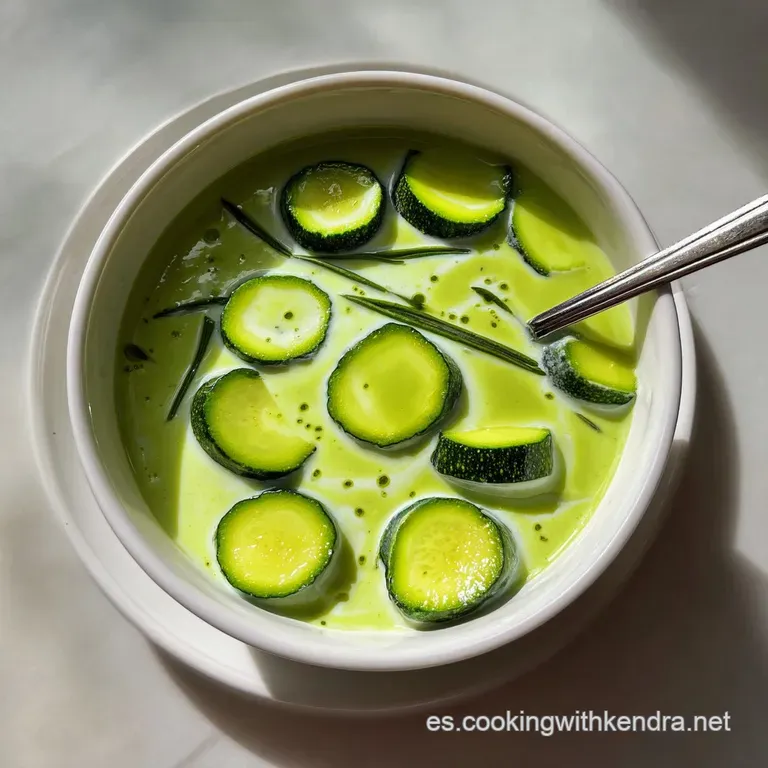 Elegant bowl of velvety zucchini soup, drizzled with cream. Bright green with delicate herb garnish, inviting and fresh.