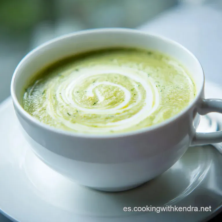 Sopa verde suave en plato hondo blanco, adornada con gotas de aceite brillante y semillas tostadas sobre superficie lisa.