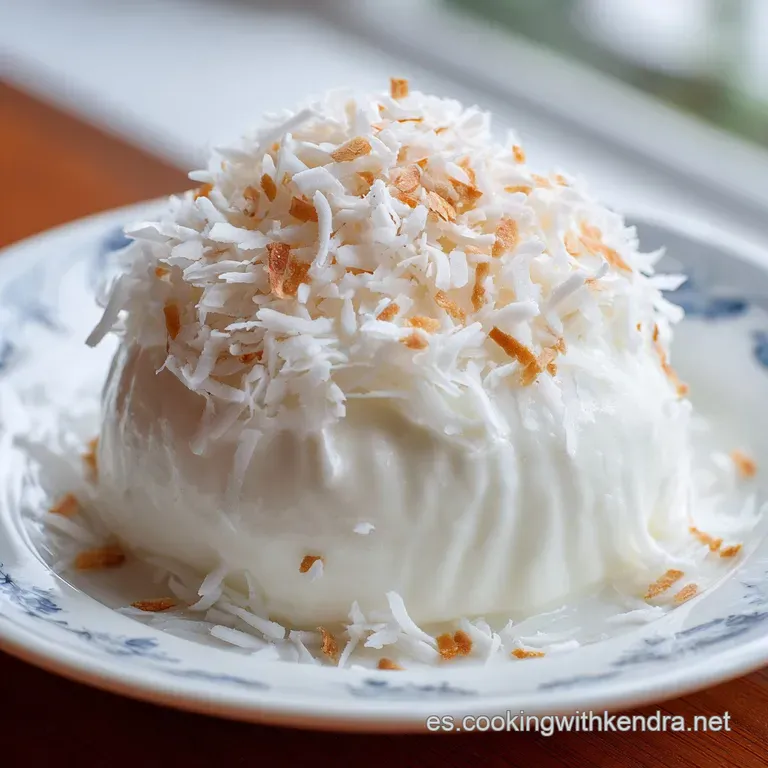 Plato hondo blanco con una crema blanca brillante, gotas de aceite infusionado y coco rallado esparcido con elegancia.