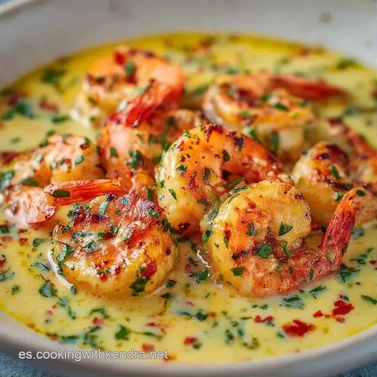 Sopa cremosa de color coral decorada con un hilo de aceite brillante, gambas rosadas y una hoja de cilantro fresca.