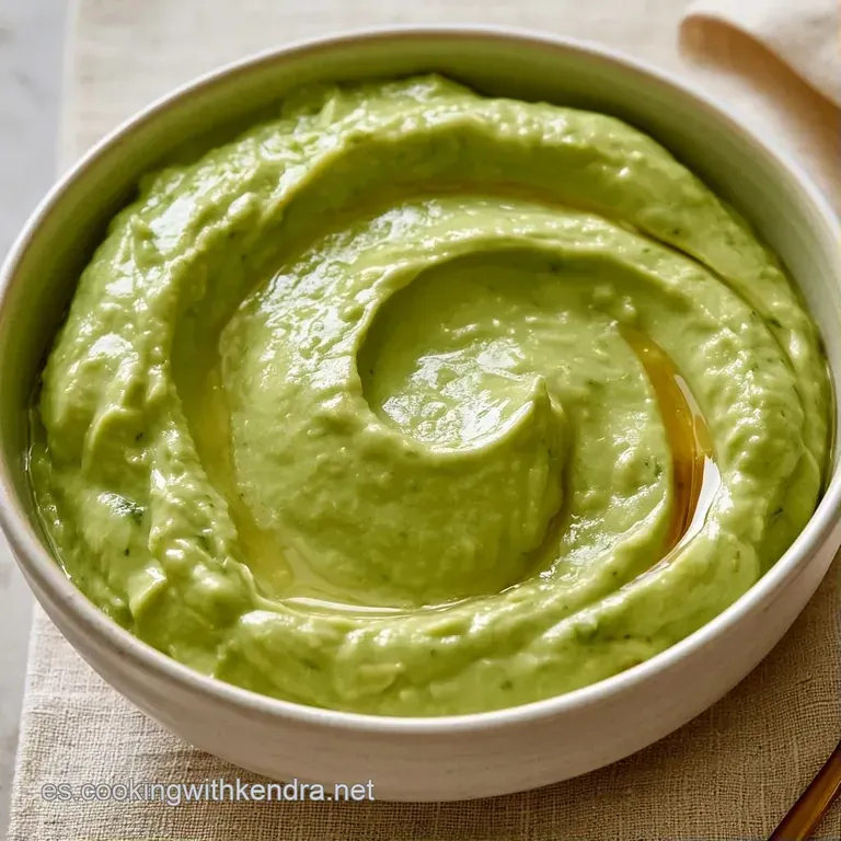 Crema verde brillante servida en copa de cristal con un hilo de miel dorada y una hoja de menta fresca en la cima.