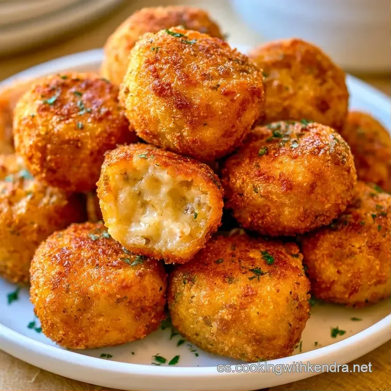 Tres cilindros fritos de tono miel sobre una base de salsa cremosa, adornados con una hoja verde en plato de cerámica.