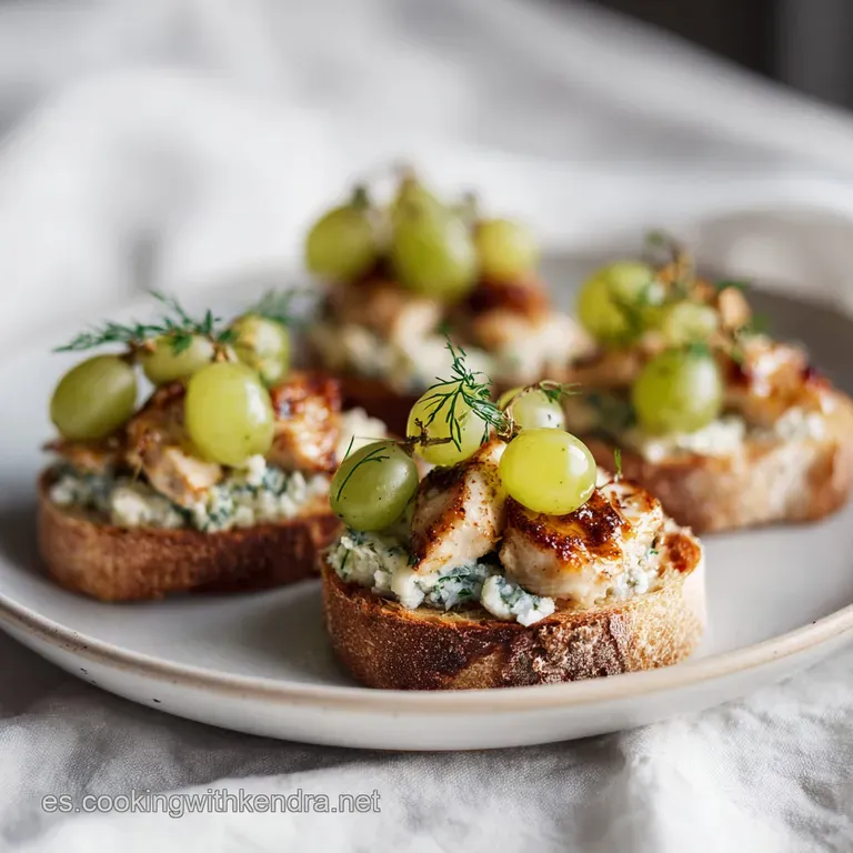 Elegant platter showcasing golden crostini piled high with seasoned chicken and plump, juicy red grapes.