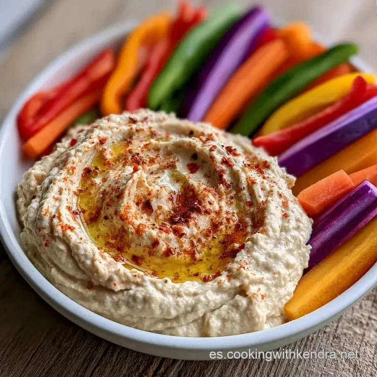 Plato blanco con dip cremoso adornado con aceite brillante y verduras cortadas en tiras finas de colores vibrantes.