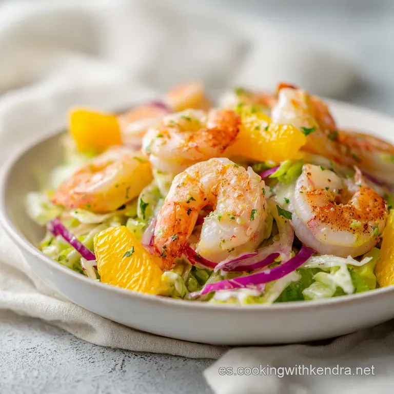 A beautifully arranged bowl of plump pink shrimp, mixed greens, and citrus slices, artfully presented.