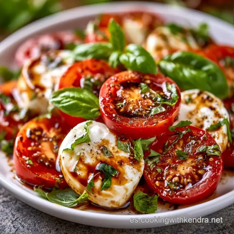 Disco de tomates rojos y mozzarella blanca adornado con hilos de reducci&oacute;n oscura y hojas de albahaca verde vibrante.