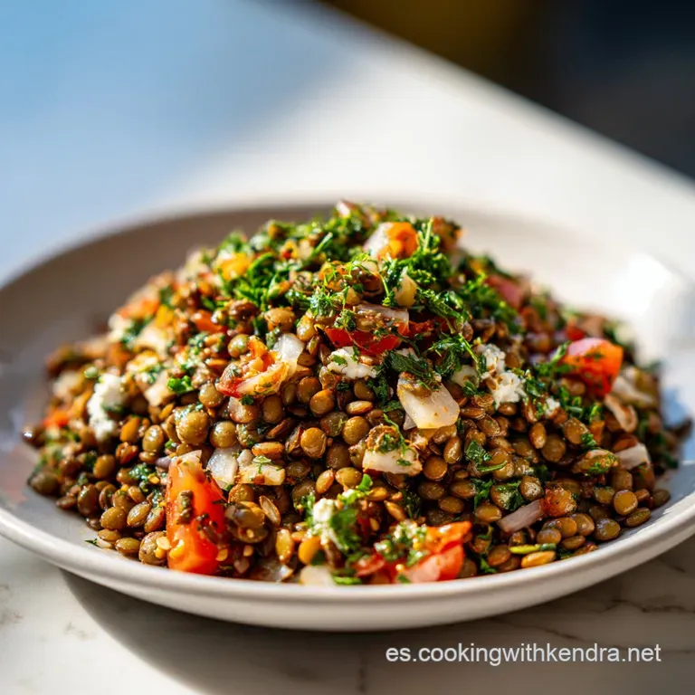 Lentil salad artfully plated: glistening lentils, diced vegetables, and herbs create layers of texture and vibrant color. ...