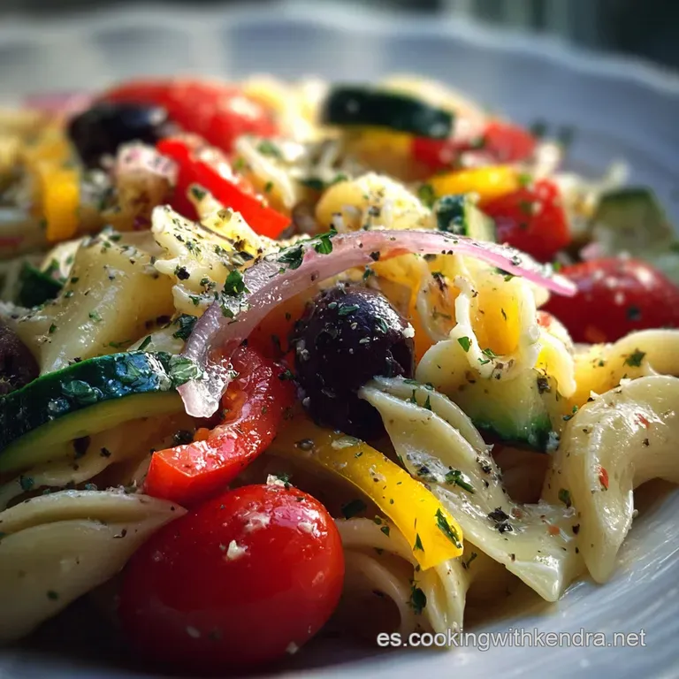 Elegant pasta salad on a bright white plate. Garnished with fresh herbs, it looks light, refreshing, and inviting.