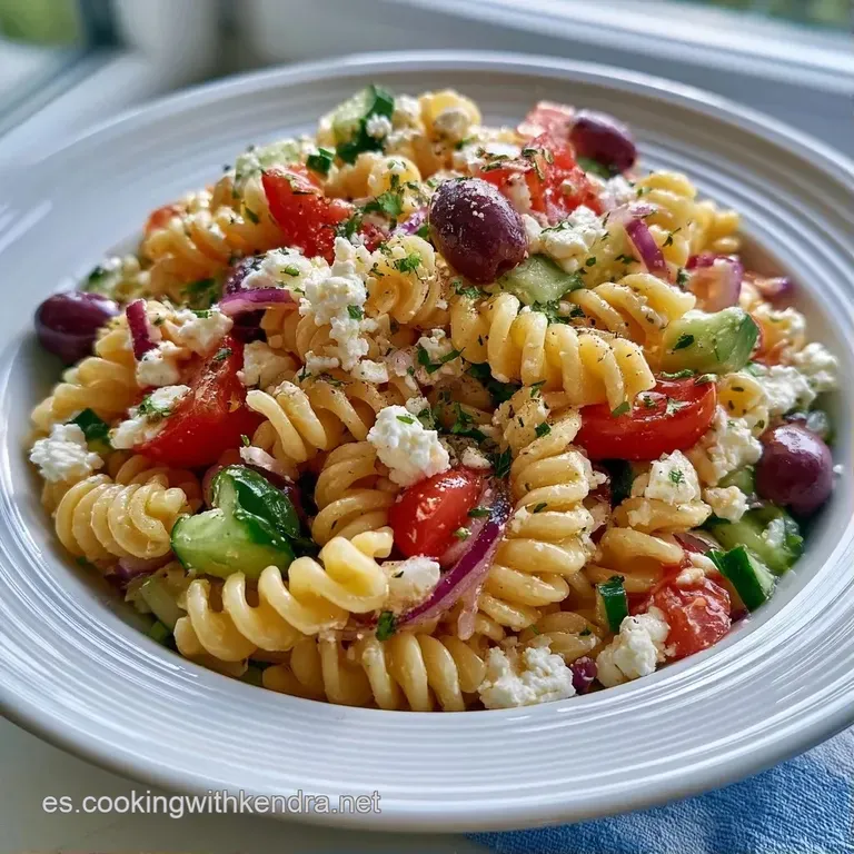Plato blanco con pasta espiralada, trozos de feta cremoso y hortalizas coloridas bajo una luz natural y suave.