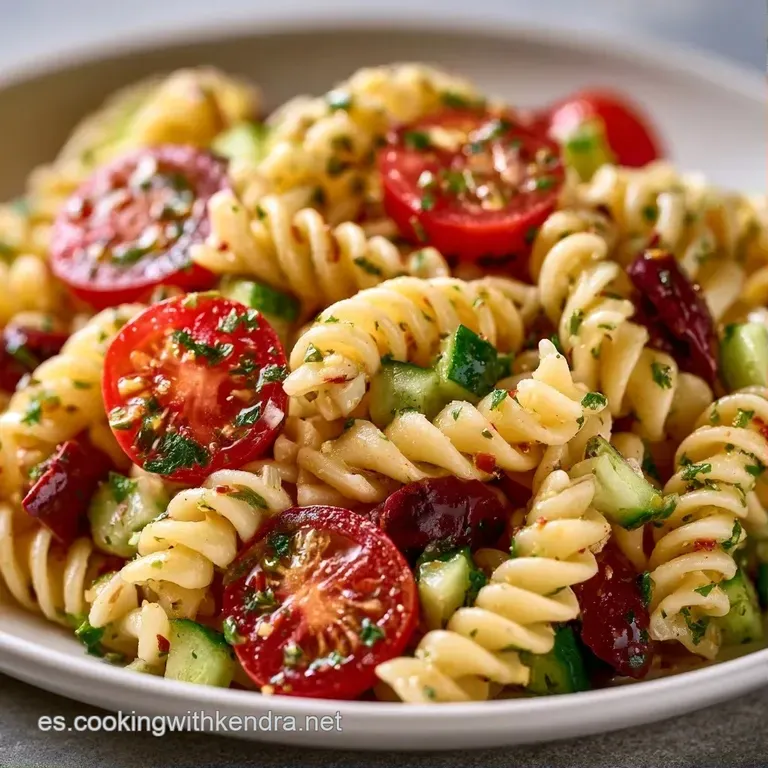 Pasta helicoidal dispuesta con elegancia, adornada con hojas frescas de albahaca y un brillo sutil de aceite de oliva.