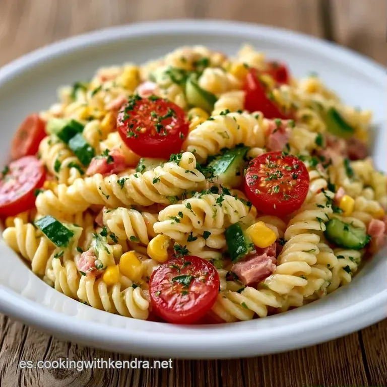 Plato blanco con pasta colorida, dados de queso cremoso y hojas de albahaca fresca dispuestas con un brillo sutil.