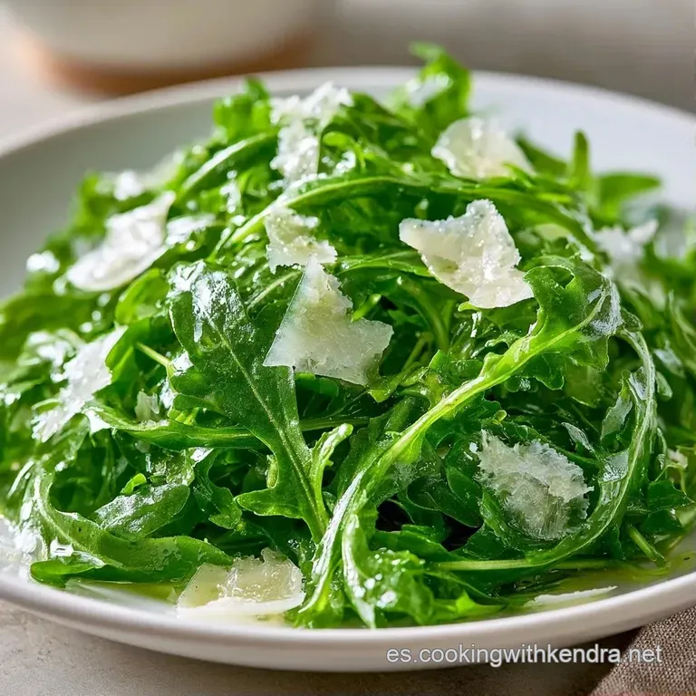 Mont&iacute;culo aireado de hojas verdes frescas adornado con l&aacute;minas crujientes de queso y un hilo brillante de aceite oliva.