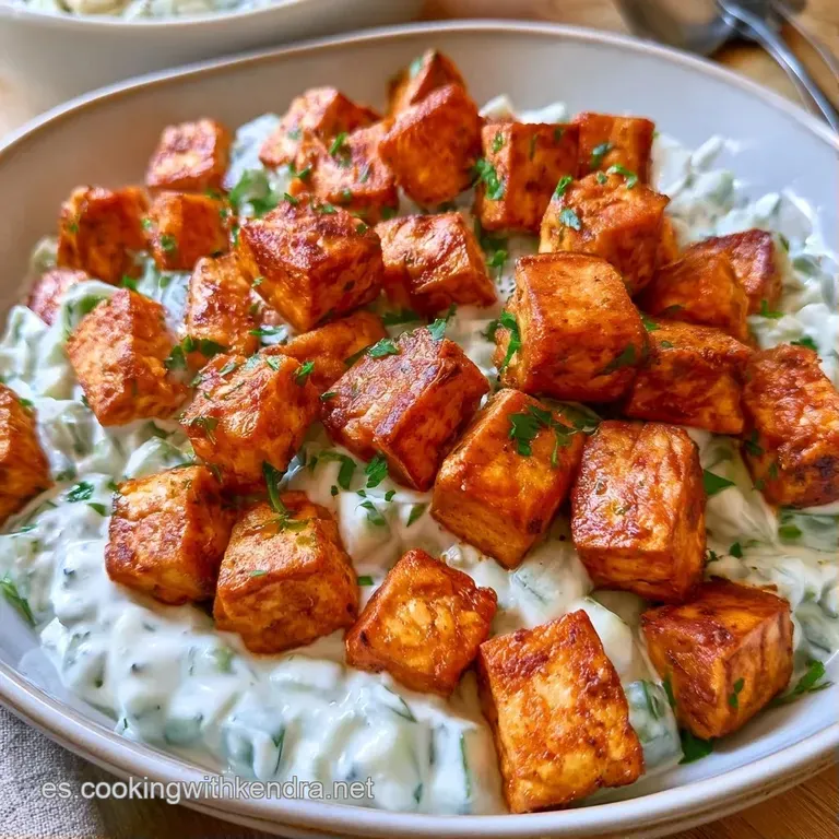 Tofu tostado dispuesto sobre un lecho de espinacas frescas, decorado con gotas de salsa blanca cremosa y hierbas verdes.