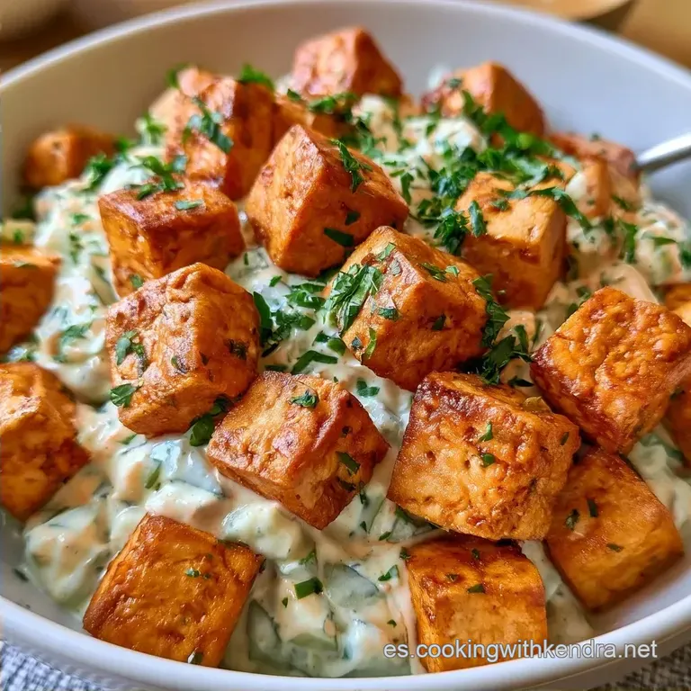 Ensalada de tofu crujiente con tzatziki vegano