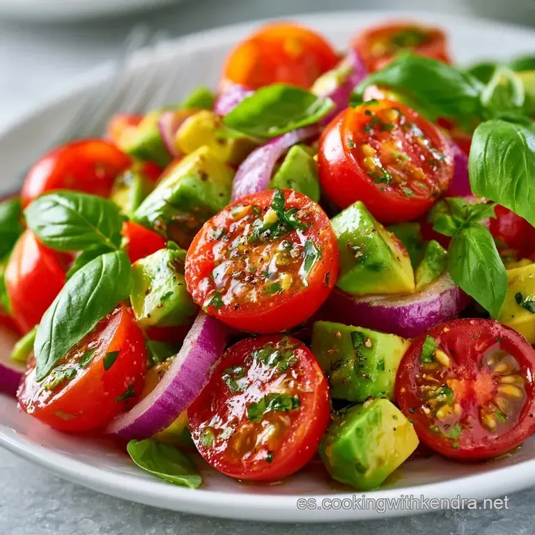 L&aacute;minas finas de aguacate y tomate dispuestas en c&iacute;rculo sobre plato blanco, decoradas con hojas verdes frescas.