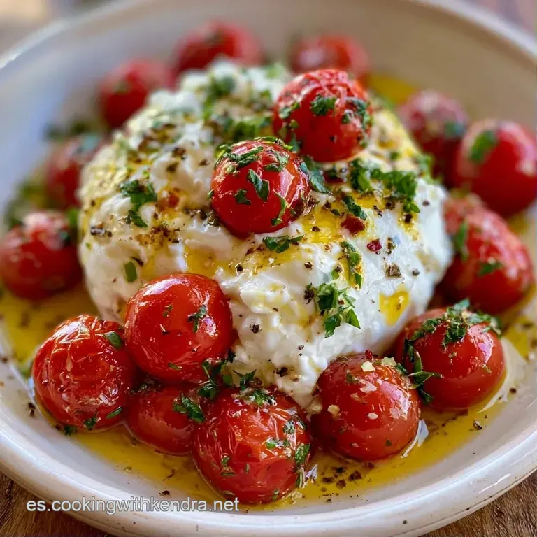Plato blanco con tomates cherry lustrosos, queso desmenuzado y gotas de aceite dorado sobre un fondo minimalista.