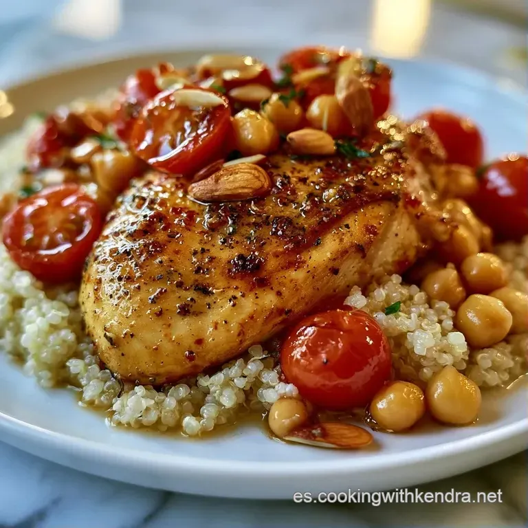 Plato blanco minimalista con pollo grillado sobre una cama de lechugas frescas y vegetales de colores vivos y brillantes.