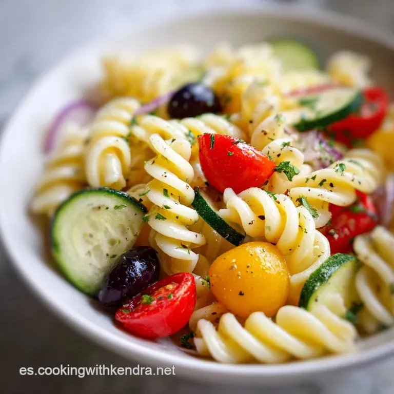 Elegant swirl of chilled pasta salad with crisp bell peppers, olives, and herbs, ready to serve in a modern white bowl.