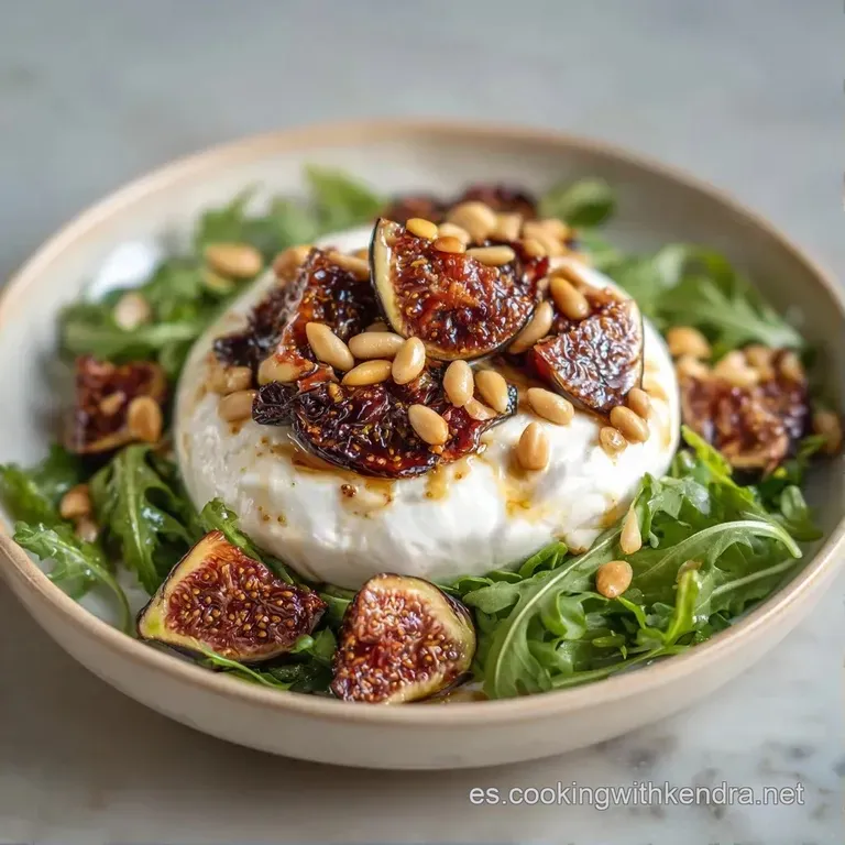 Disposici&oacute;n elegante de queso cremoso, tomates rojos brillantes y hojas verdes con hilos de aceite de oliva dorado.